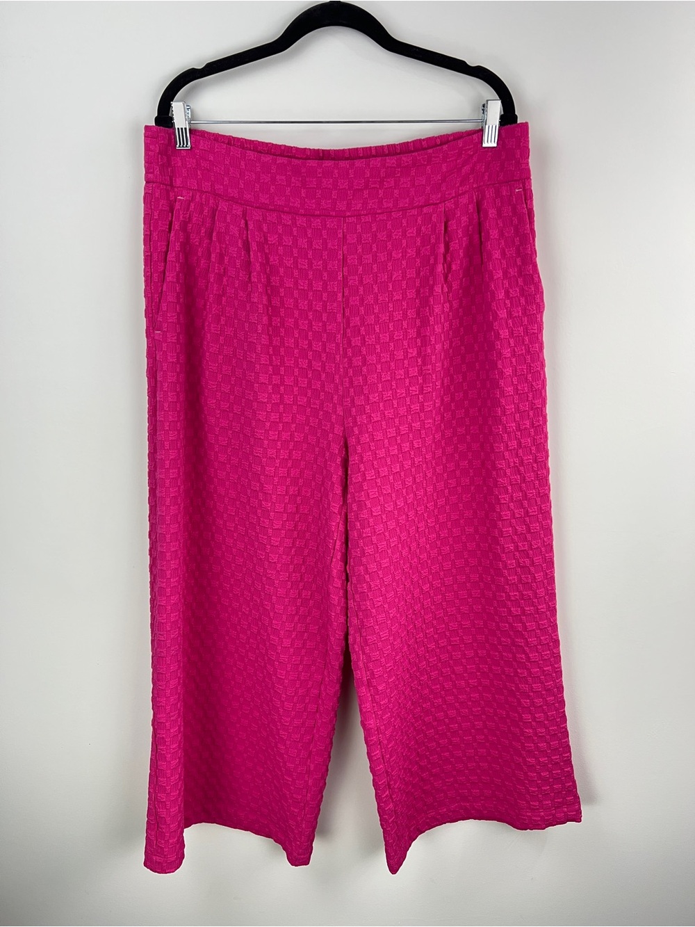 💚 3954. Cropped Wide Leg Checkered Textured Pants - Hot Pink